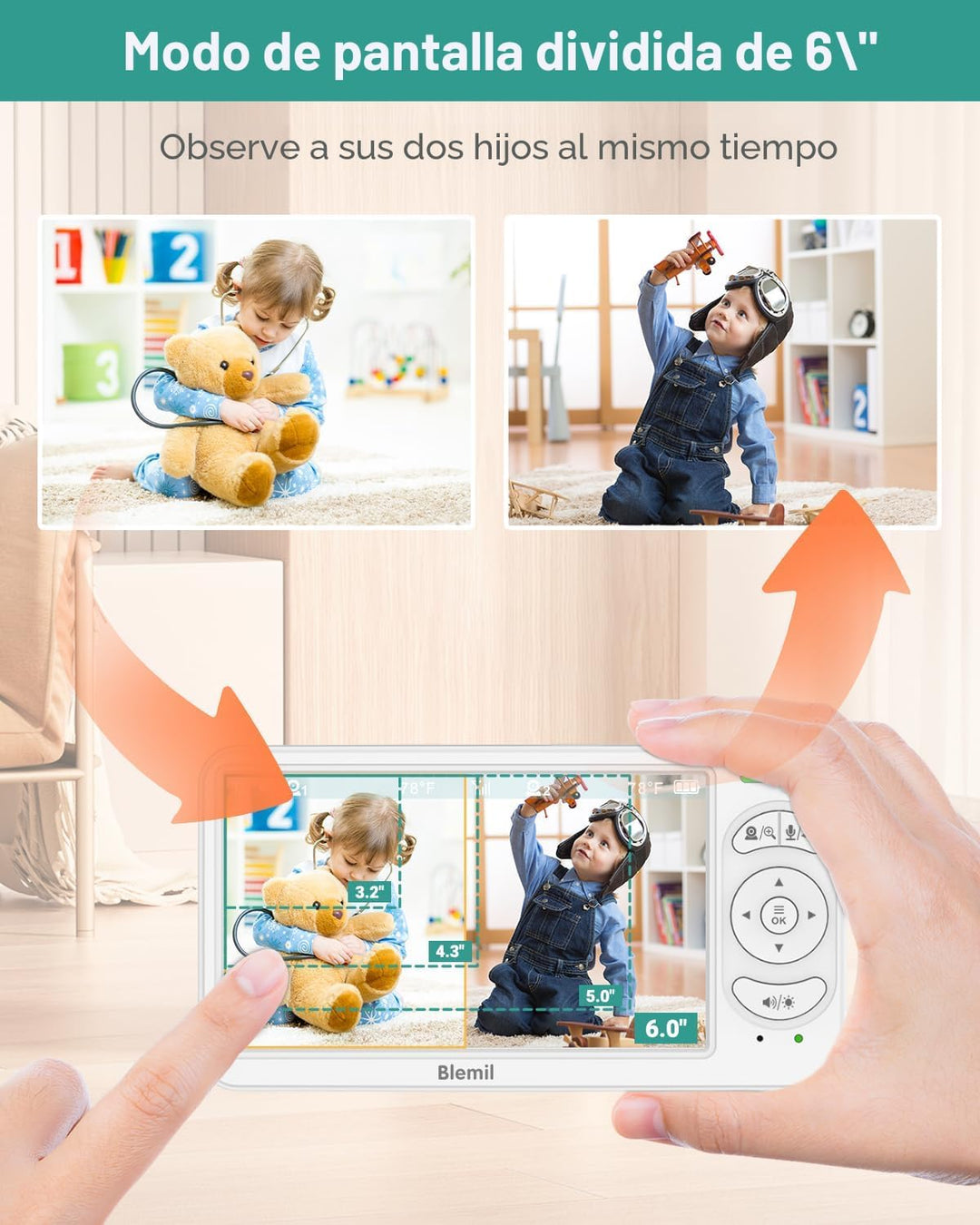 Blemil - Monitor de bebé de 6" con 2 cámaras, batería de 4000mA...