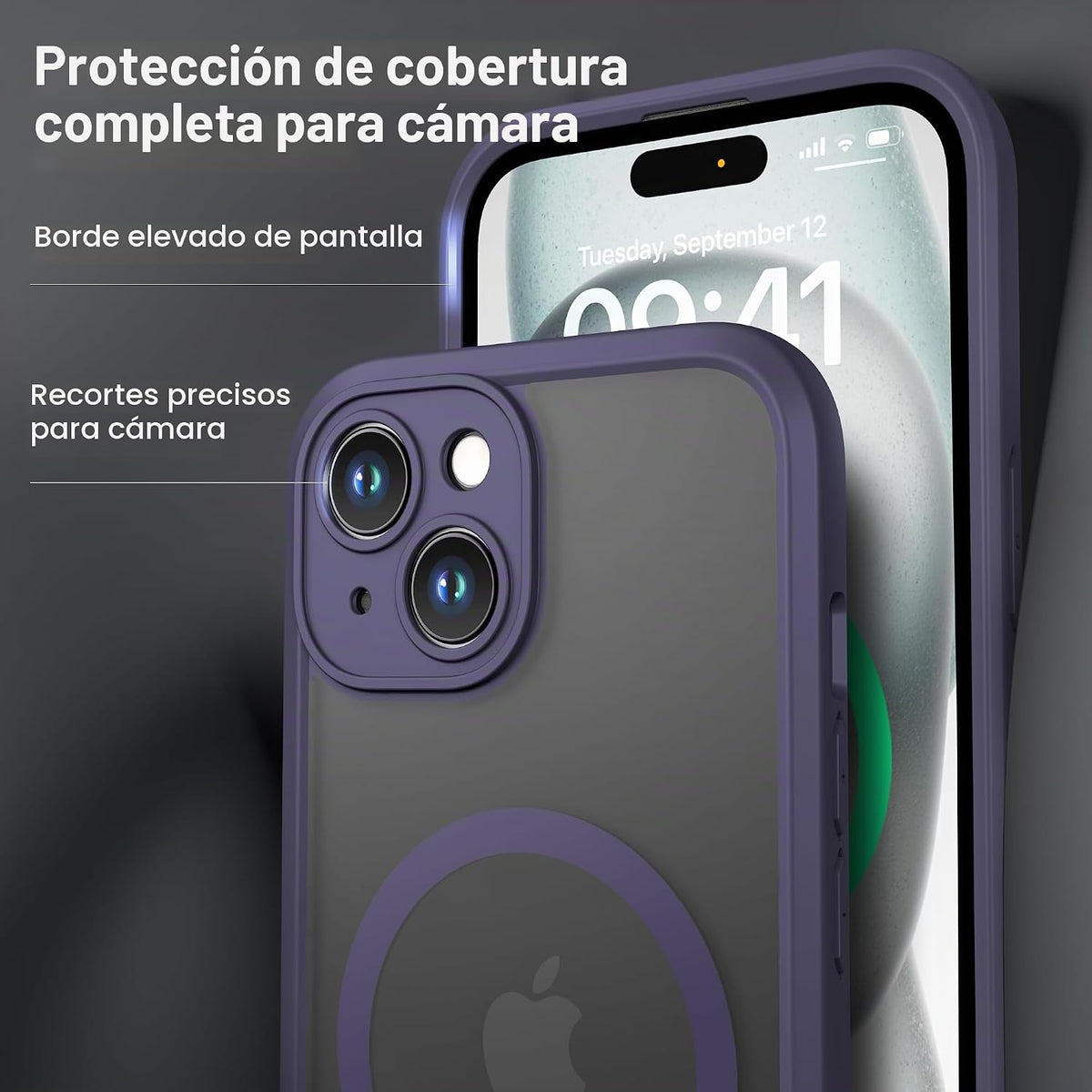ImpactStrong Protector magnético diseñado para iPhone 15 [protección de cámara] [prueba de caídas de grado militar] [compatible con MagSafe] Funda delgada translúcida mate (6.1 pulgadas), color morado oscuro