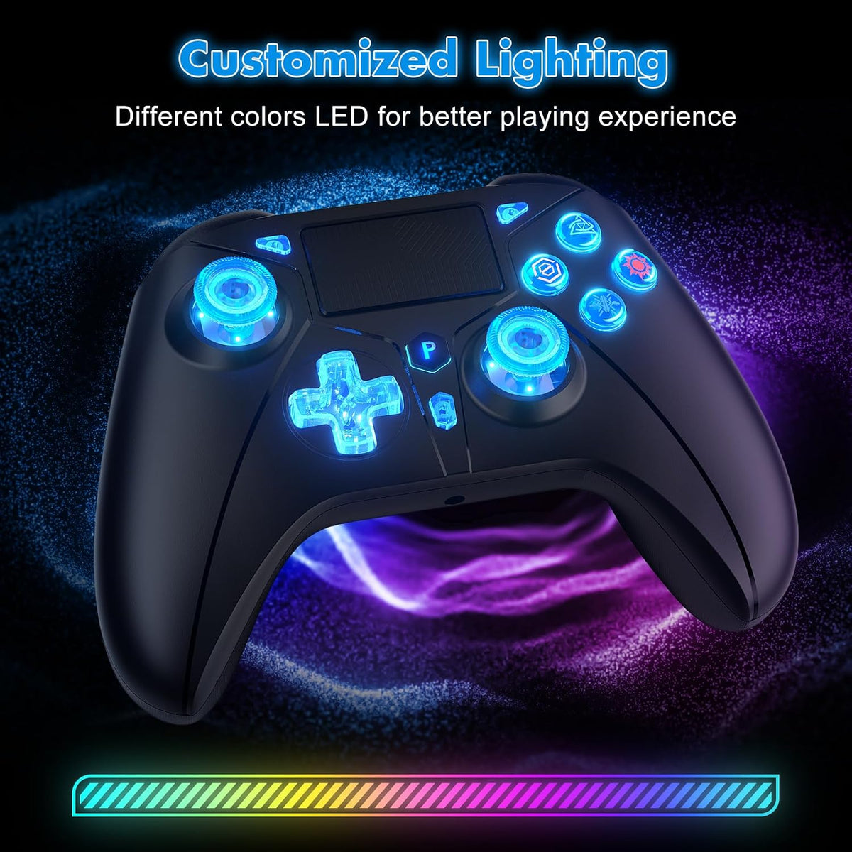 Dinosoo Controlador inalámbrico RGB con luz LED y botones traseros de reasignación, turbo ajustable, adaptador 2.4G para PS5, PC