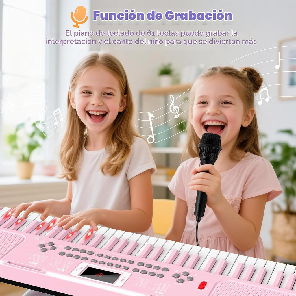 Teclado de piano para niños de 61 teclas con teclas iluminadas, modo de enseñanza, altavoz dual