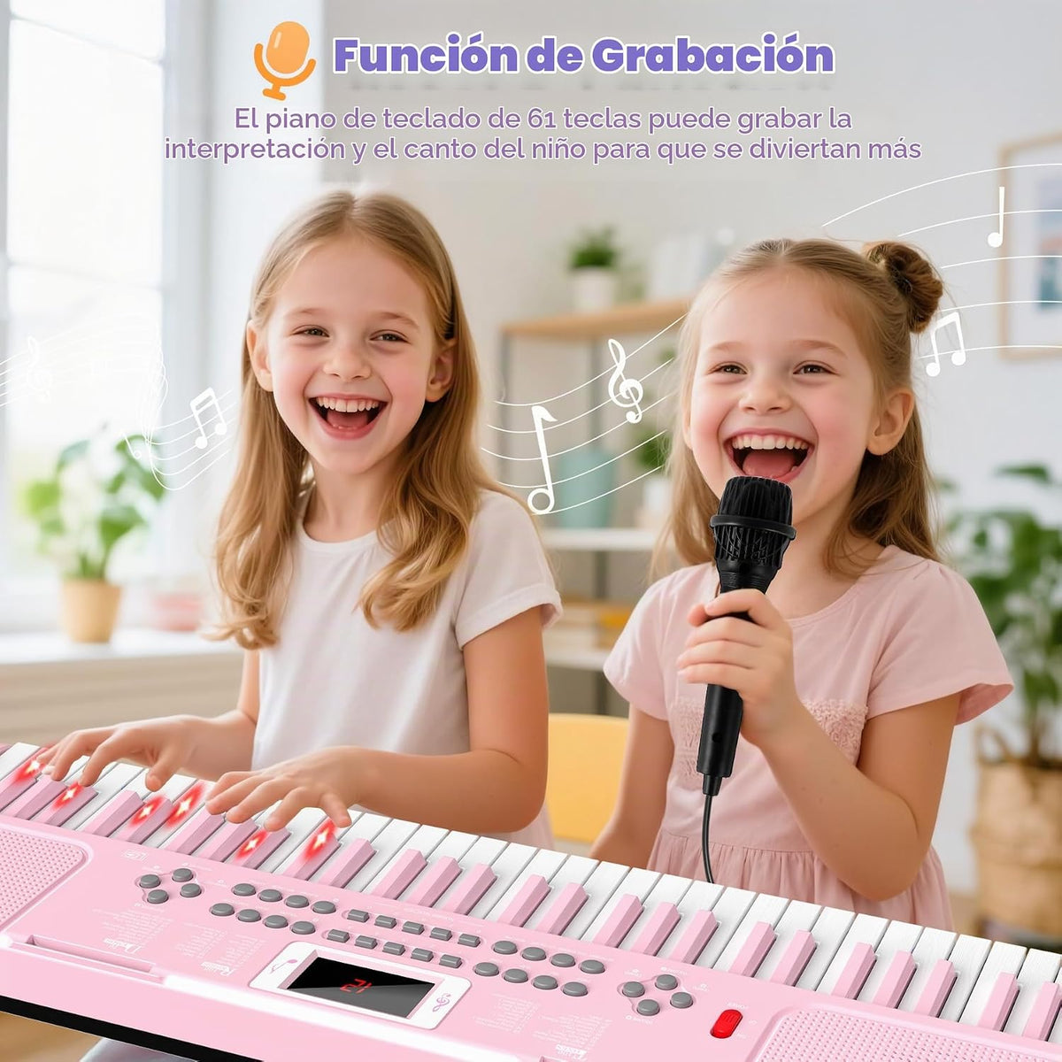 Teclado de piano para niños de 61 teclas con teclas iluminadas, modo de enseñanza, altavoz dual