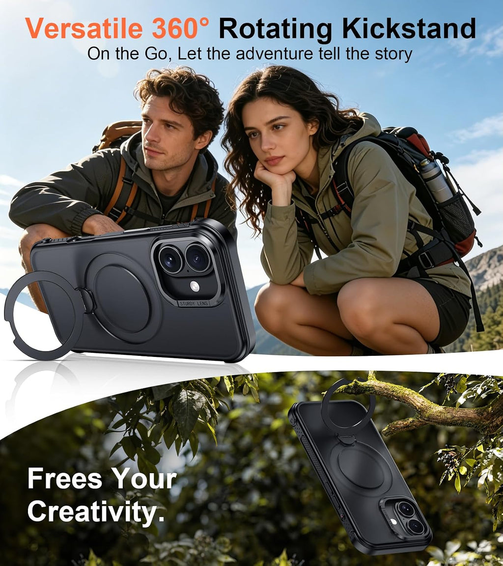 Funda compatible con iPhone 16 con soporte magnético giratorio de 360°, funda translúcida mate de grado militar de 6.1 pulgadas, color negro
