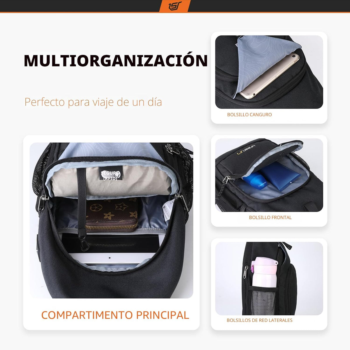 SKYSPER - Mochila cruzada con bloqueo RFID, mochila de bandolera, mochila de hombro, mochila de viaje y senderismo, para mujeres y hombres, Negro, Casual