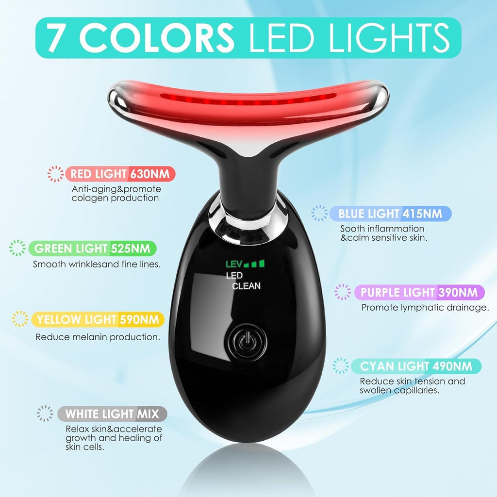 Masajeador facial con terapia de luz roja para cara y cuello, varita de esculpir cara con 7 colores (negro brillante)