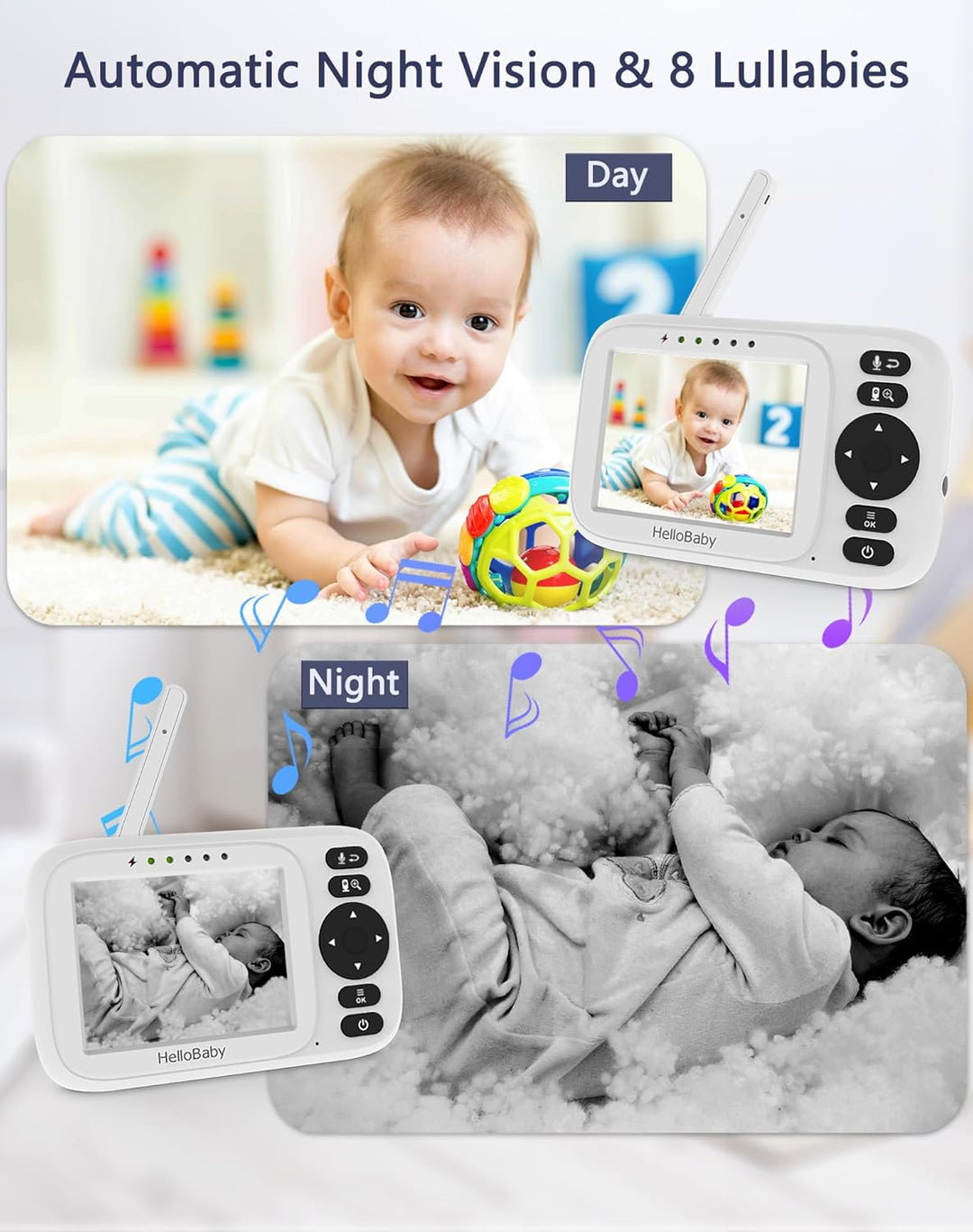 HelloBaby Monitor de bebé con 2 cámaras, pantalla de 3.2 pulgadas,...