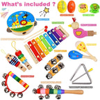 Juego de instrumentos musicales para niños, 20 piezas de instrumentos de percusión de madera para bebés y niños con maracas de xilófono pandereta, juguetes musicales preescolares para niños y niñas