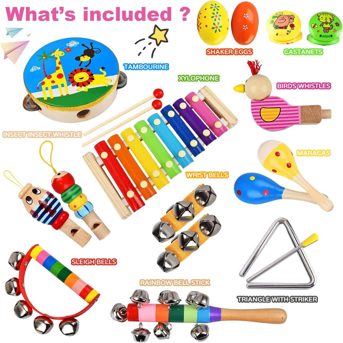 Juego de instrumentos musicales para niños, 20 piezas de instrumentos de percusión de madera para bebés y niños con maracas de xilófono pandereta, juguetes musicales preescolares para niños y niñas