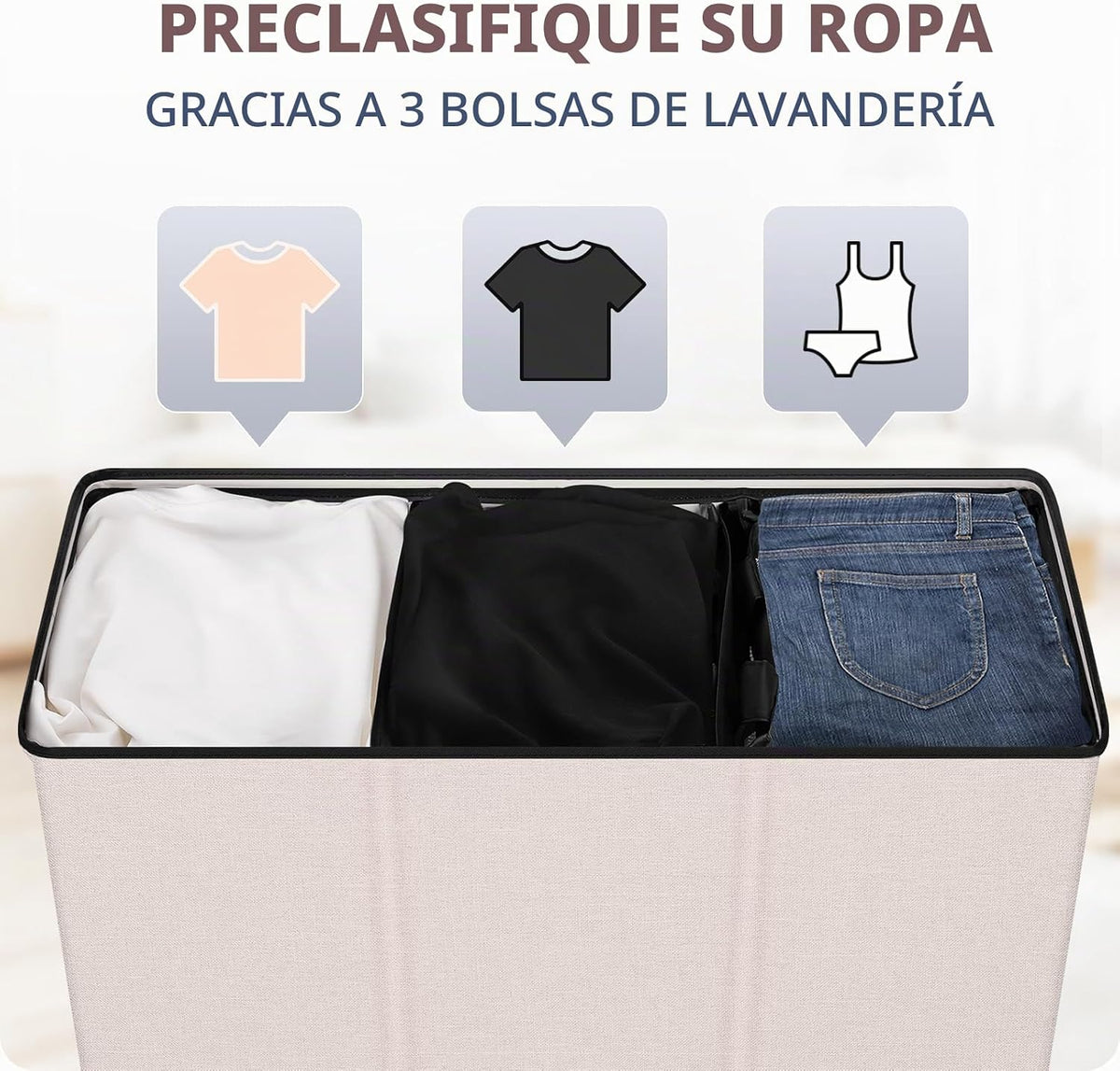 SOLEDI Cesto grande para ropa sucia de 3 secciones con tapa, cesta de