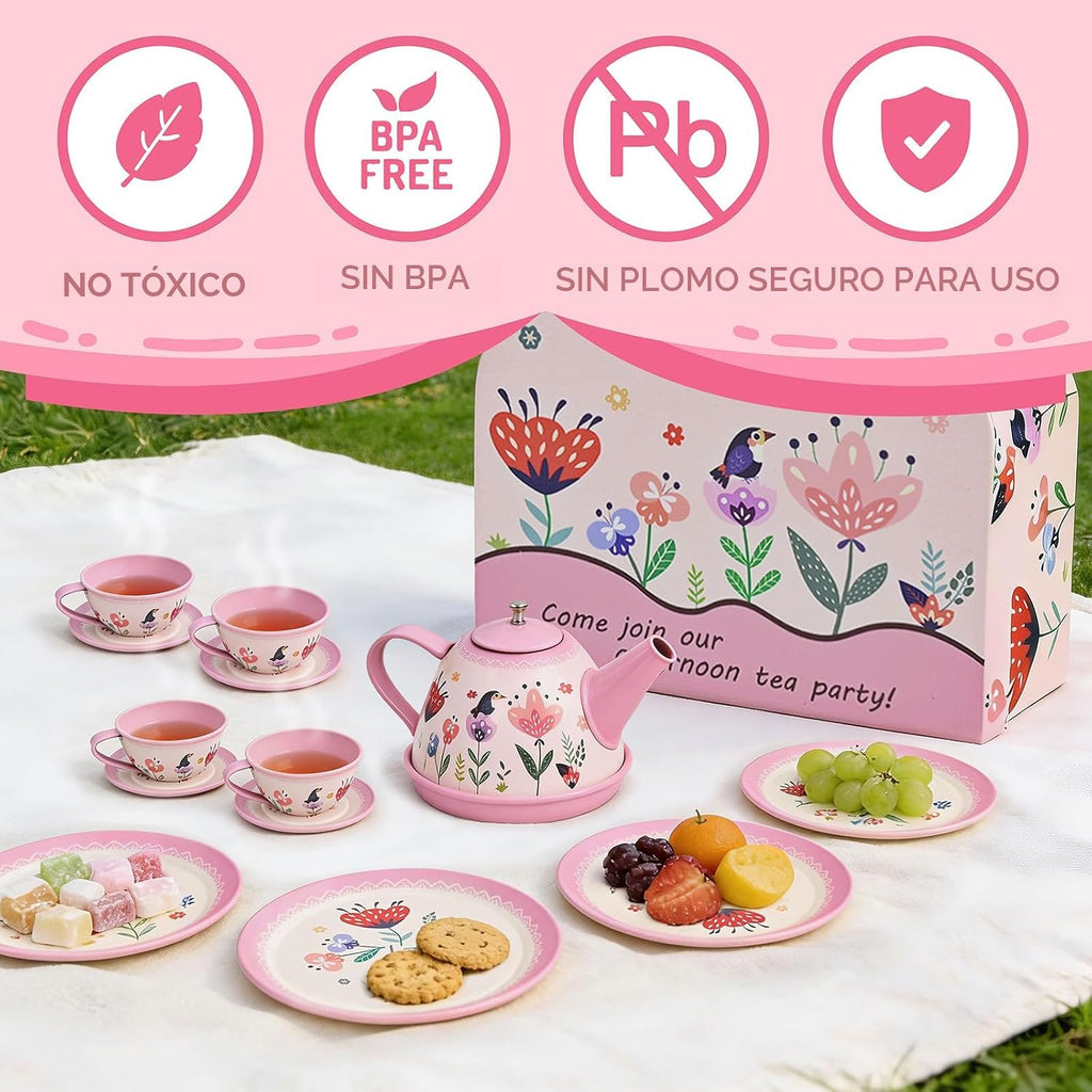 Juego de fiesta de té floral para niñas pequeñas de 3 a 6 años, juego de 15 piezas de juguetes de cocina de simulación con tetera, tazas, platos y estuche de almacenamiento, juego de