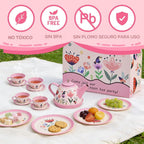 Juego de fiesta de té floral para niñas pequeñas de 3 a 6 años, juego de 15 piezas de juguetes de cocina de simulación con tetera, tazas, platos y estuche de almacenamiento, juego de