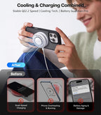 TORRAS PolarCircle Cargador inalámbrico Qi2.2 de 25W, almohadilla magnética refrigerada para iPhone 17/16, cargador inalámbrico para Samsung Galaxy S26/S25 con soporte giratorio 360°, enfriador de juego semiconductor, con adaptador IceNano de 45W