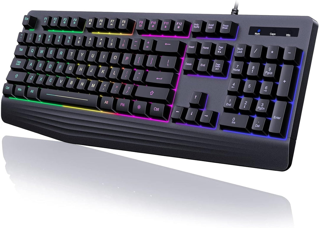 yesbeaut Teclado para juegos, retroiluminación LED arcoíris de 7 co...