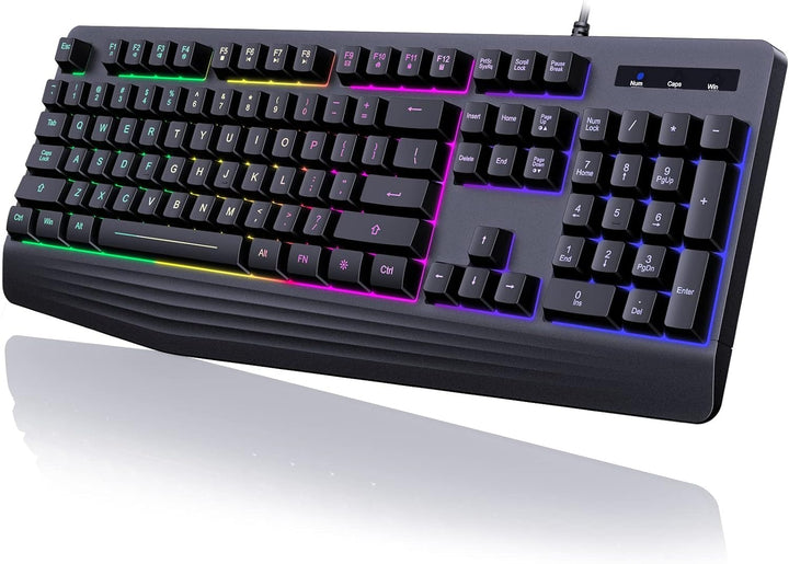 yesbeaut Teclado para juegos, retroiluminación LED arcoíris de 7 co...