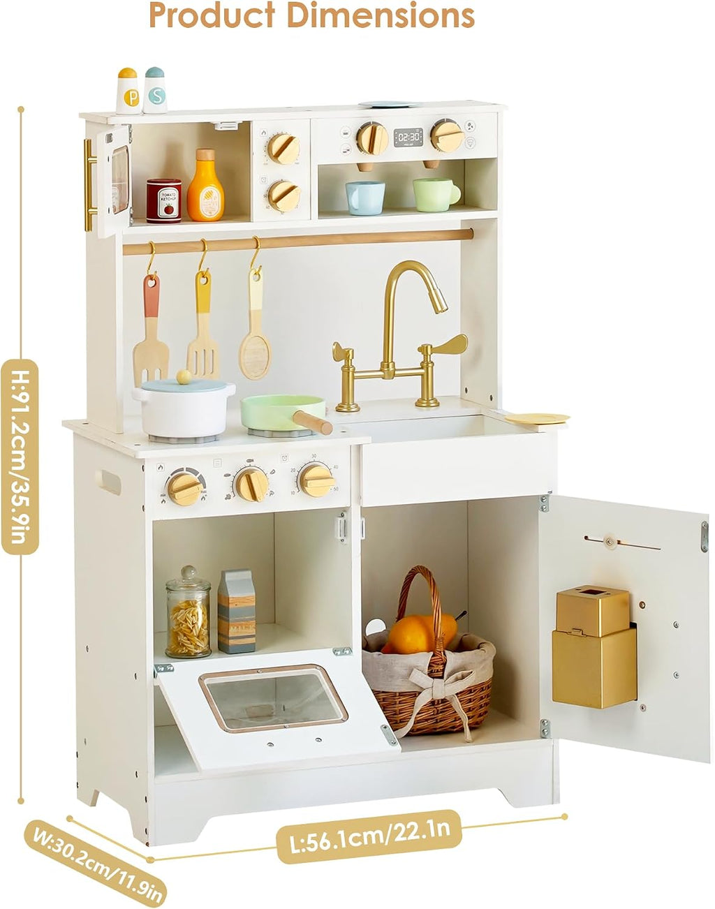 Cocina de madera blanca para niños con máquina de hielo, fregadero