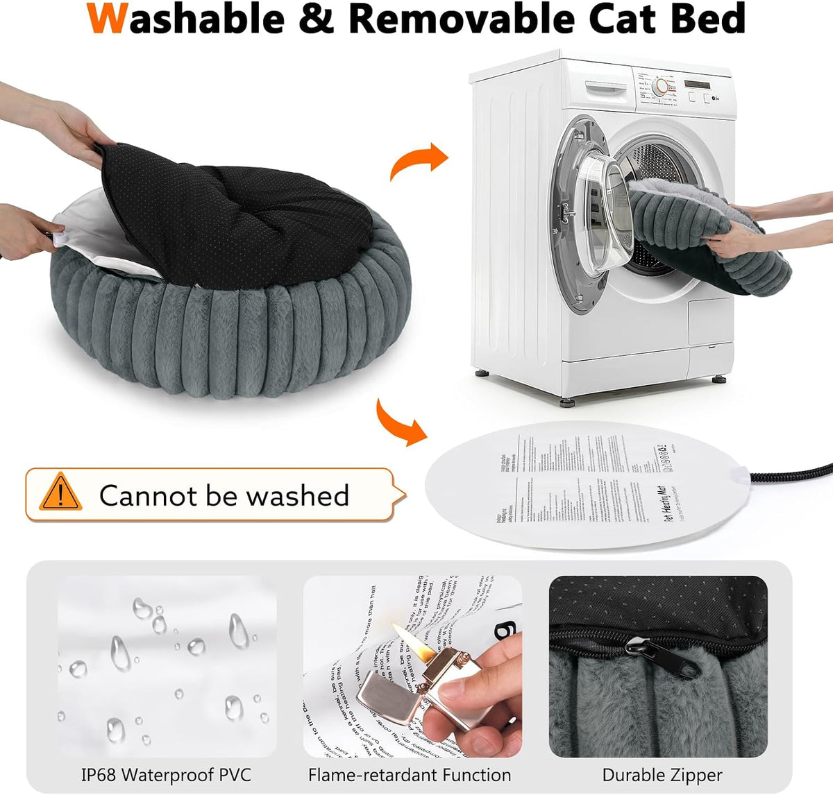 Camas calefactables para gatos de interior y perros pequeños, cama térmica de 24 pulgadas para mascotas con temporizador y temperatura ajustable, cama eléctrica extraíble e impermeable para
