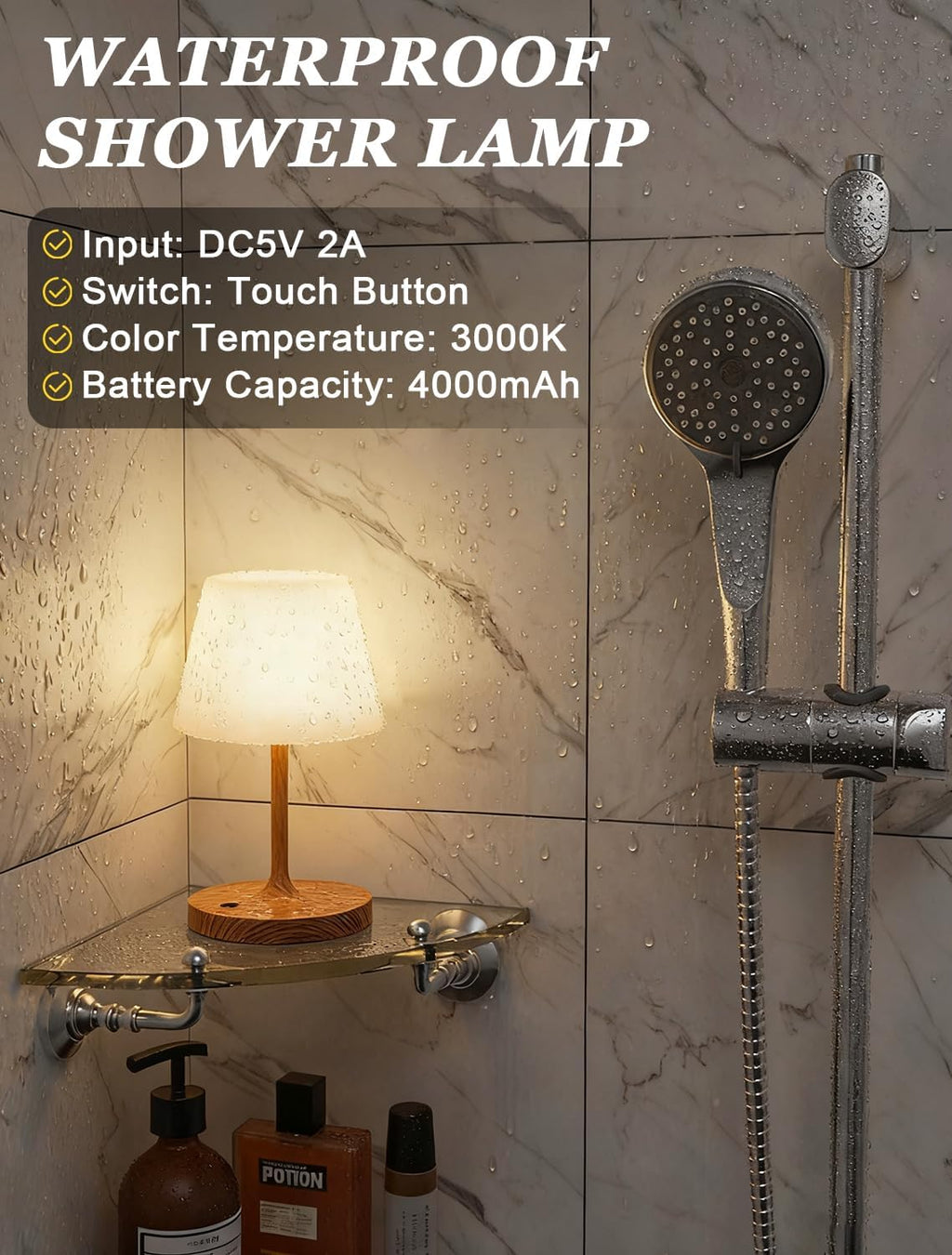 Lámpara Kakanuo - Lámpara de ducha IP54, impermeable, pequeña lámpara de mesa