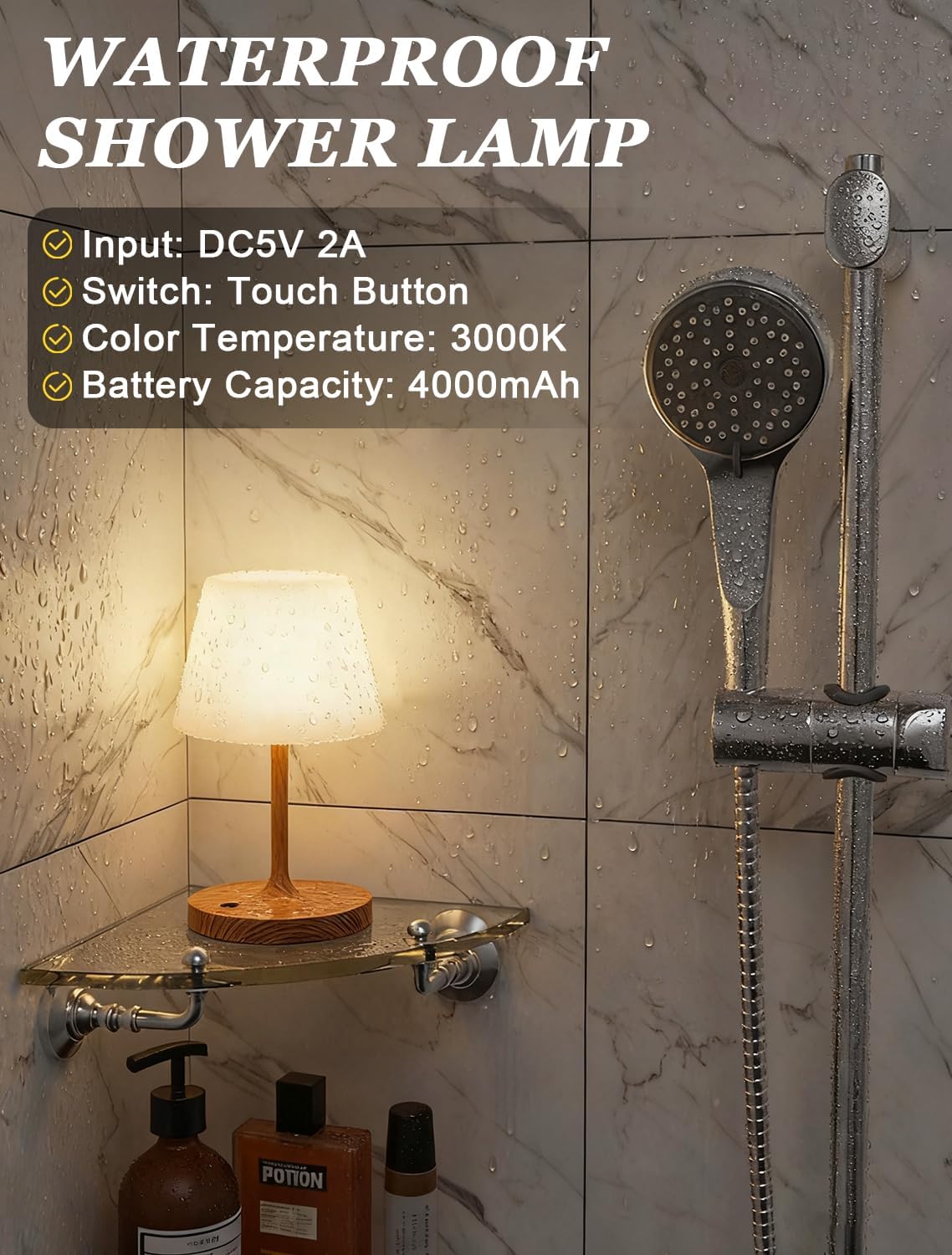 Lámpara Kakanuo - Lámpara de ducha IP54, impermeable, pequeña lámpara de mesa