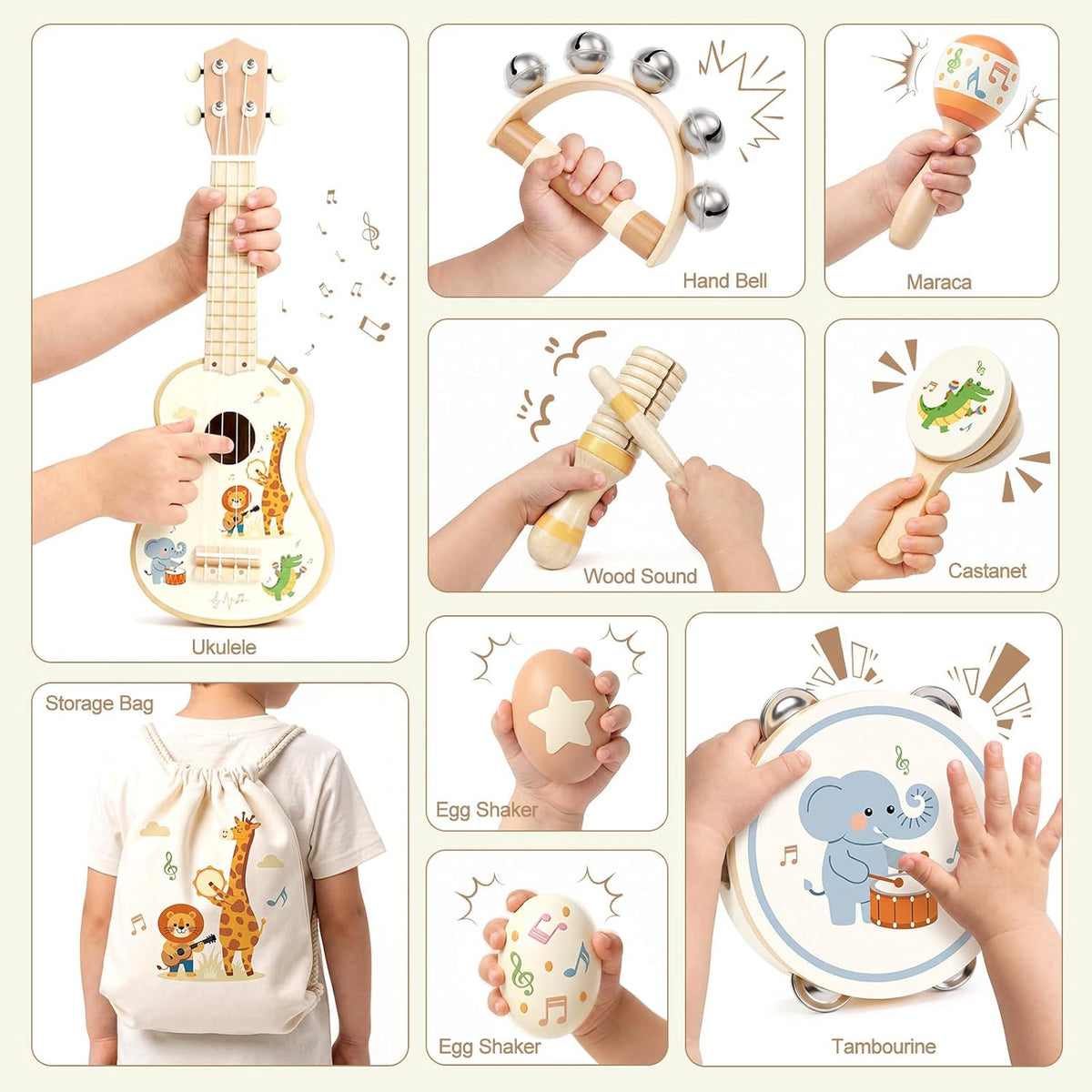 Juego de guitarra infantil de madera para niños y niñas de 2 a 4 años, instrumentos musicales Montessori 9 en 1 con ukelele/pandereta/maraca/agitadores de huevos