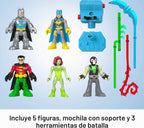 Fisher-Price Imaginext DC Super Friends Juguetes Preescolares Batman Battle Multipack Juego de 9 Figuras con Mochila Iluminada para Niños de 3+ Años