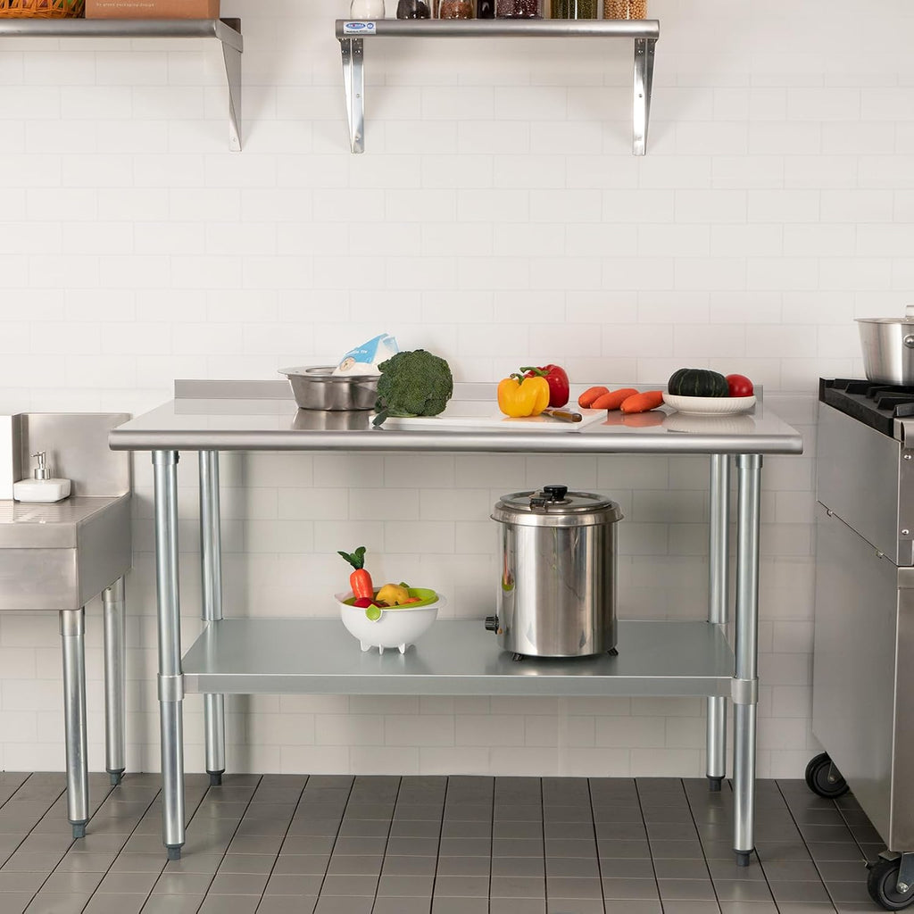 HARDURA - Mesa de trabajo y preparación de acero inoxidable de 24 x 60 pulgadas, mesa comercial de gran resistencia NSF con estante inferior y protector contra salpicaduras para cocina de restaurante