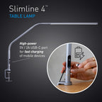 Lámpara daylight Slimline 4™ Lámpara de mesa LED en gris hielo - 6,000K, 3,200 Lux, 4 niveles de brillo, puerto de carga USB-C, difusor antirreflejo, diseño flexible, arte y manualidades, costura, salón de