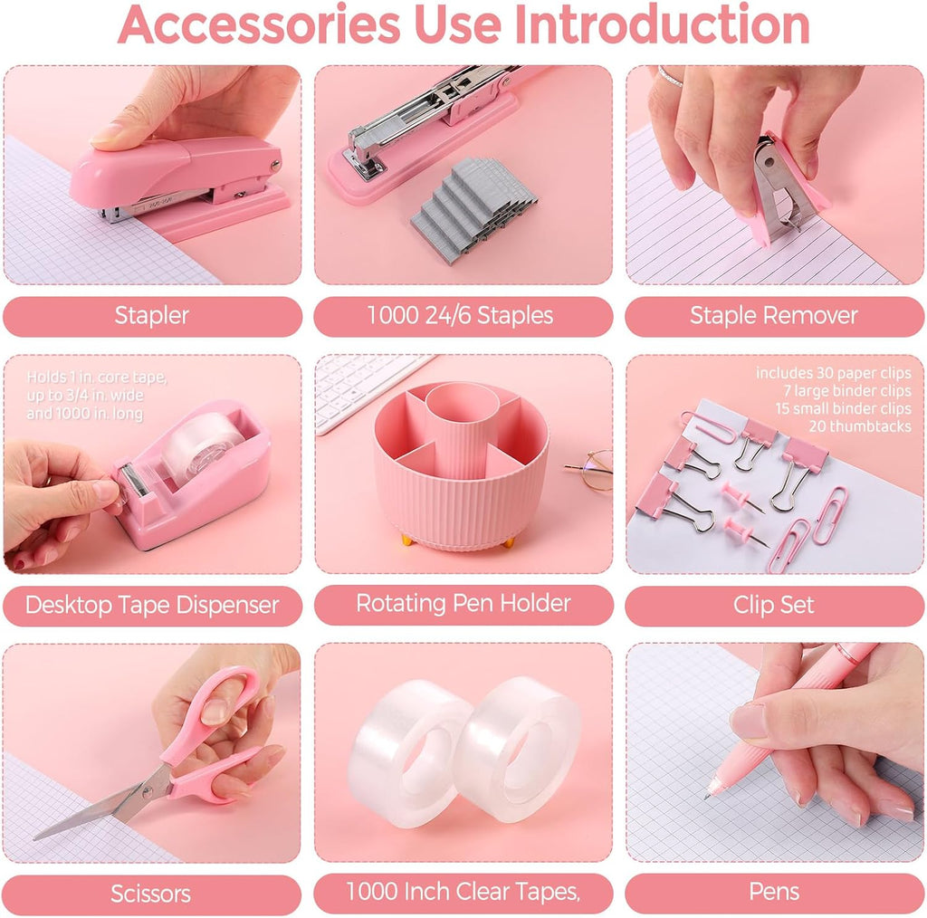 SKYDUE Accesorios de escritorio rosa 10 piezas, porta lapices giratorio para escritorio, engrapadora, removedor de grapas, dispensador de cinta, 2 piezas de recarga de cinta, juego de clips de papel