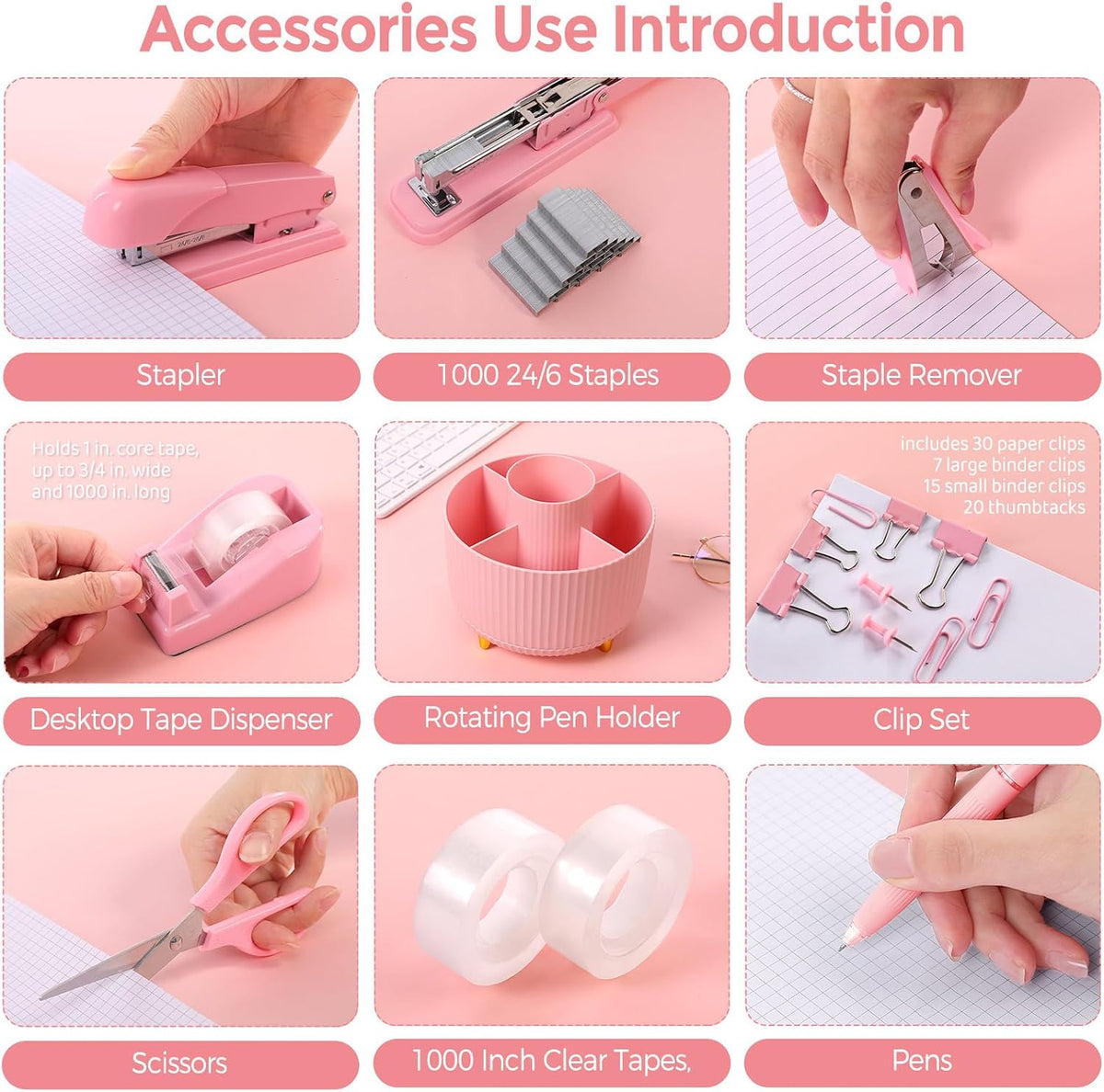 SKYDUE Accesorios de escritorio rosa 10 piezas, porta lapices giratorio para escritorio, engrapadora, removedor de grapas, dispensador de cinta, 2 piezas de recarga de cinta, juego de clips de papel