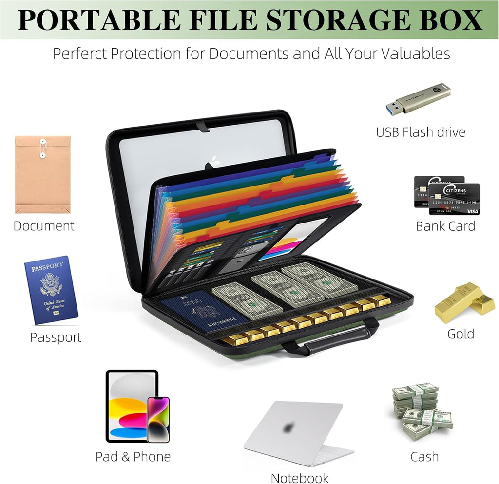 Caja de documentos ignífuga organizadora de archivos: funda rígida impermeable ignífuga con cerradura y carpeta de archivos de acordeón de 13 bolsillos, almacenamiento ligero y seguro para el hogar