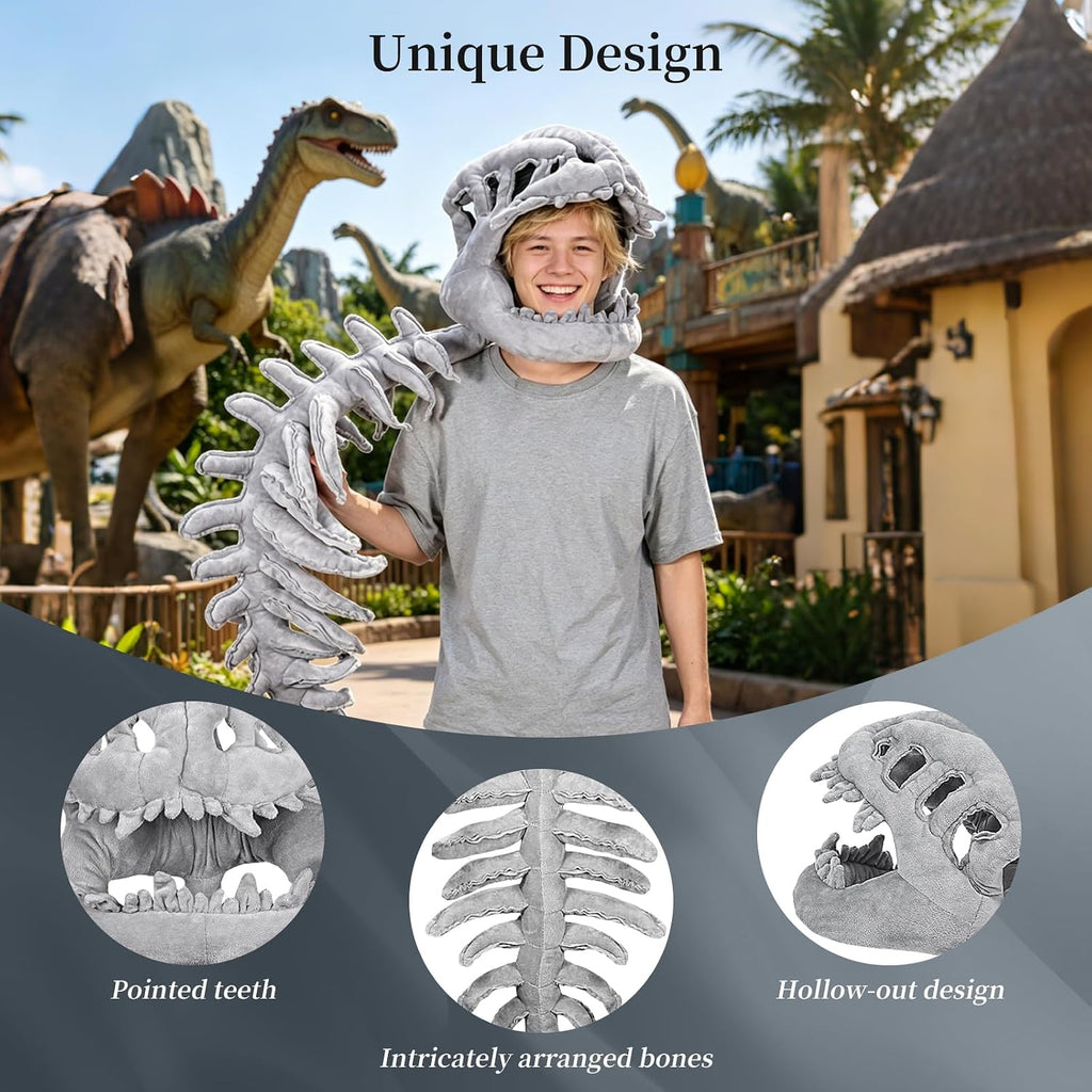 Disfraz de esqueleto de dinosaurio, juguetes de peluche de espinosaurio 3D con calavera y columna vertebral, cosplay de Halloween y disfraz de fiesta