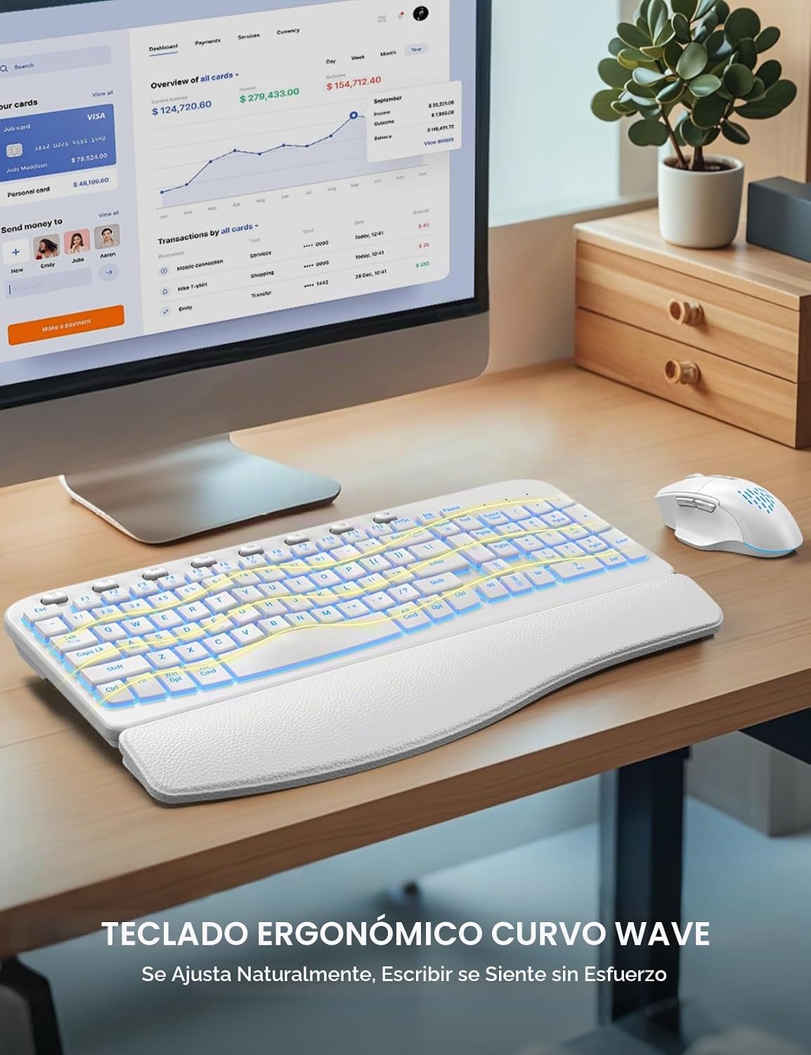 SABLUTE Combo de teclado y mouse inalámbricos, onda ergonómica con...