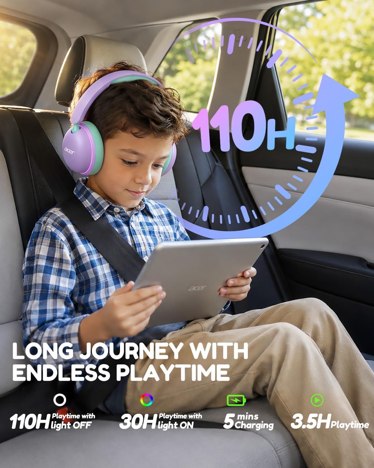 Acer OHR727 - Auriculares Bluetooth para niños, diseño cómodo sobre la