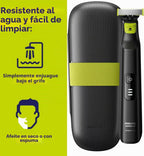 PHILIPS OneBlade Pro Face + Body Recortadora y Afeitadora Eléctrica Híbrida, recargable, peine de precisión ajustable de 14 longitudes, kit para cuerpo, hoja de doble cara, uso en húmedo y seco, estuche de viaje