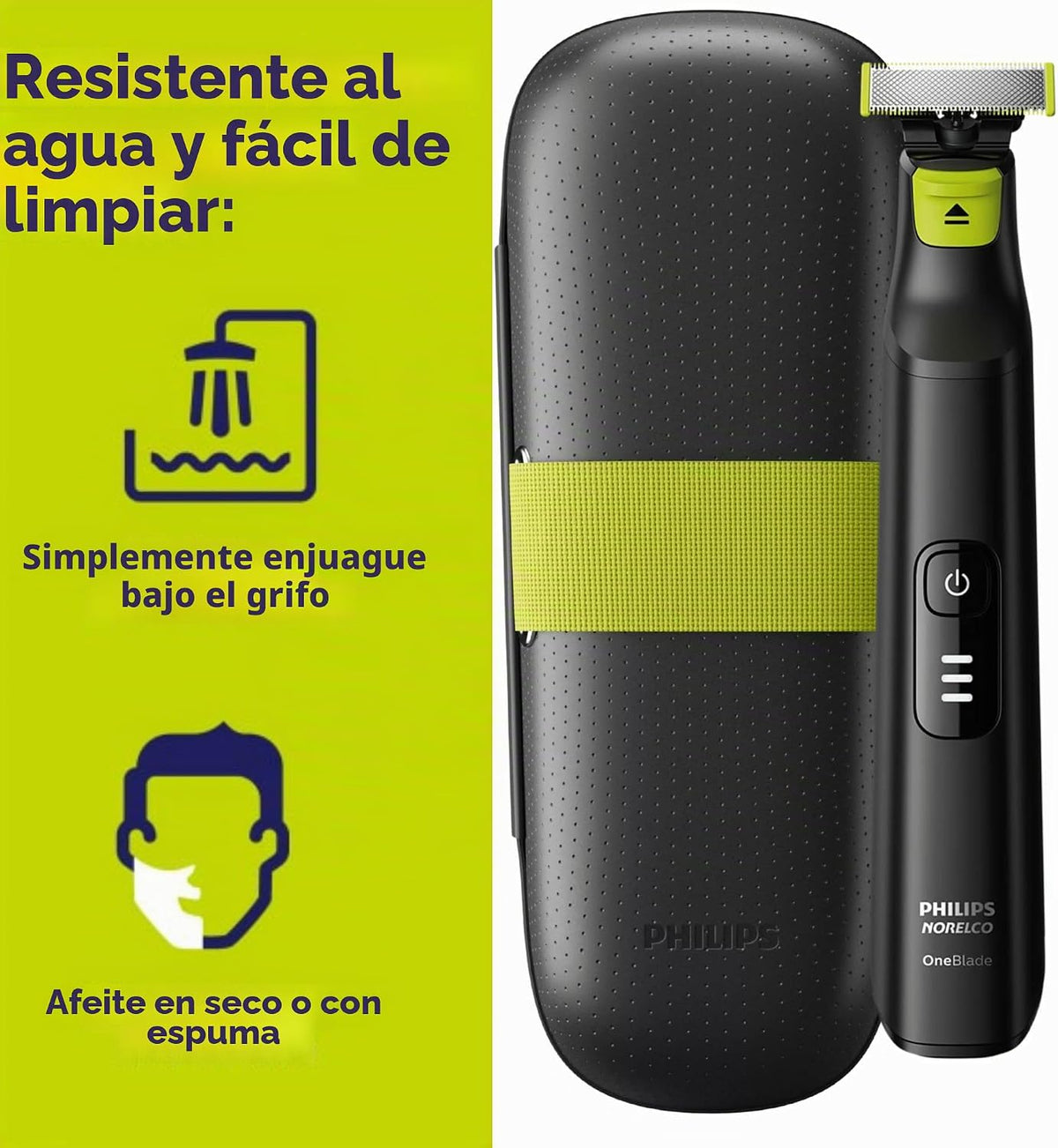 PHILIPS OneBlade Pro Face + Body Recortadora y Afeitadora Eléctrica Híbrida, recargable, peine de precisión ajustable de 14 longitudes, kit para cuerpo, hoja de doble cara, uso en húmedo y seco, estuche de viaje