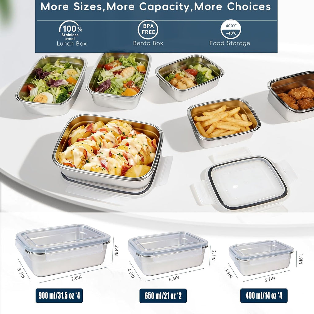10 recipientes de almacenamiento de alimentos de acero inoxidable 304 con tapas herméticas a prueba de fugas, lonchera Bento apilable para preparación de comidas, recipientes de metal reutilizables