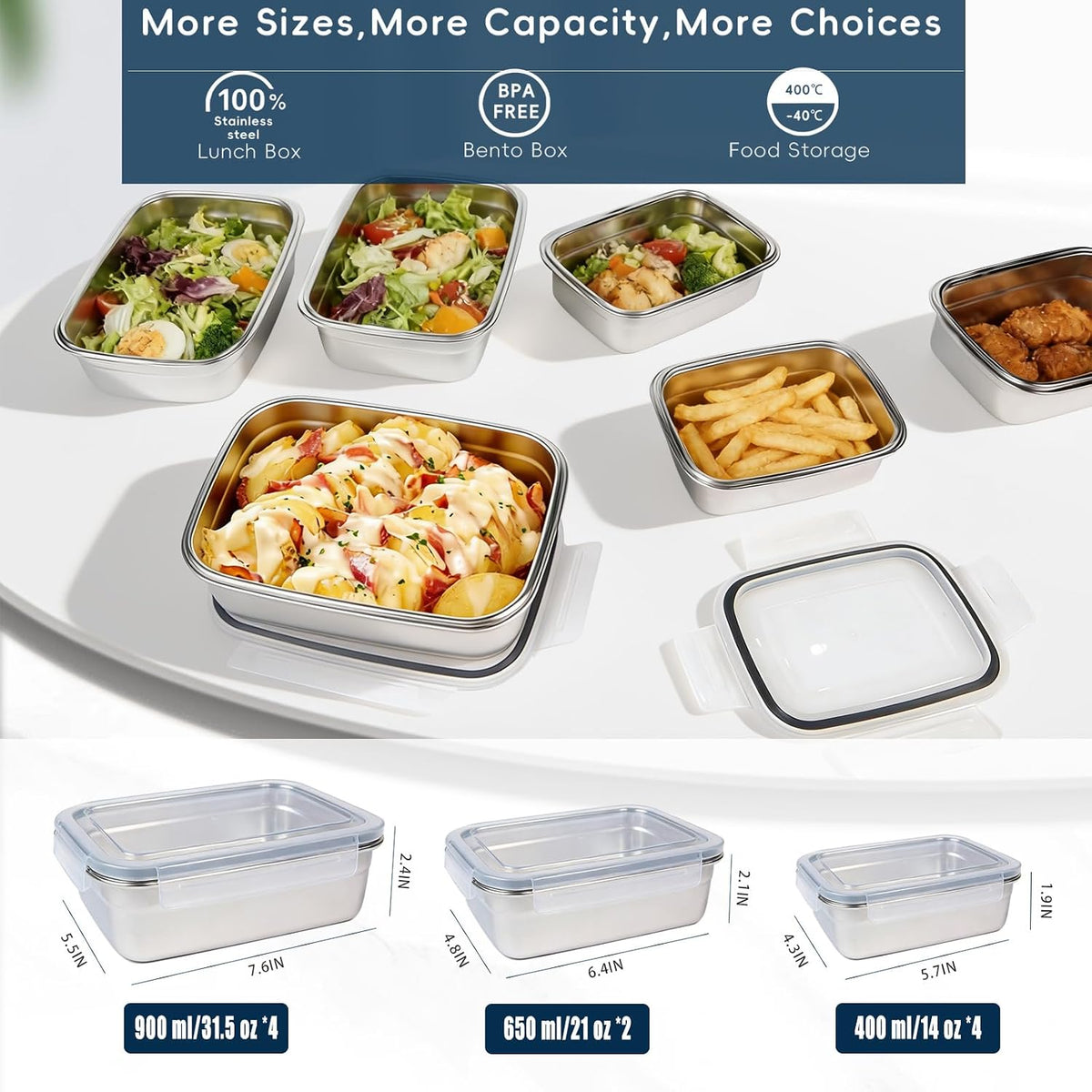 10 recipientes de almacenamiento de alimentos de acero inoxidable 304 con tapas herméticas a prueba de fugas, lonchera Bento apilable para preparación de comidas, recipientes de metal reutilizables