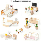 Casa de muñecas de madera para niños, juego de casa de muñecas de juguete de estilo moderno de 6 habitaciones