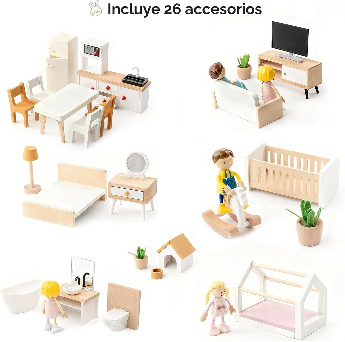 Casa de muñecas de madera para niños, juego de casa de muñecas de juguete de estilo moderno de 6 habitaciones