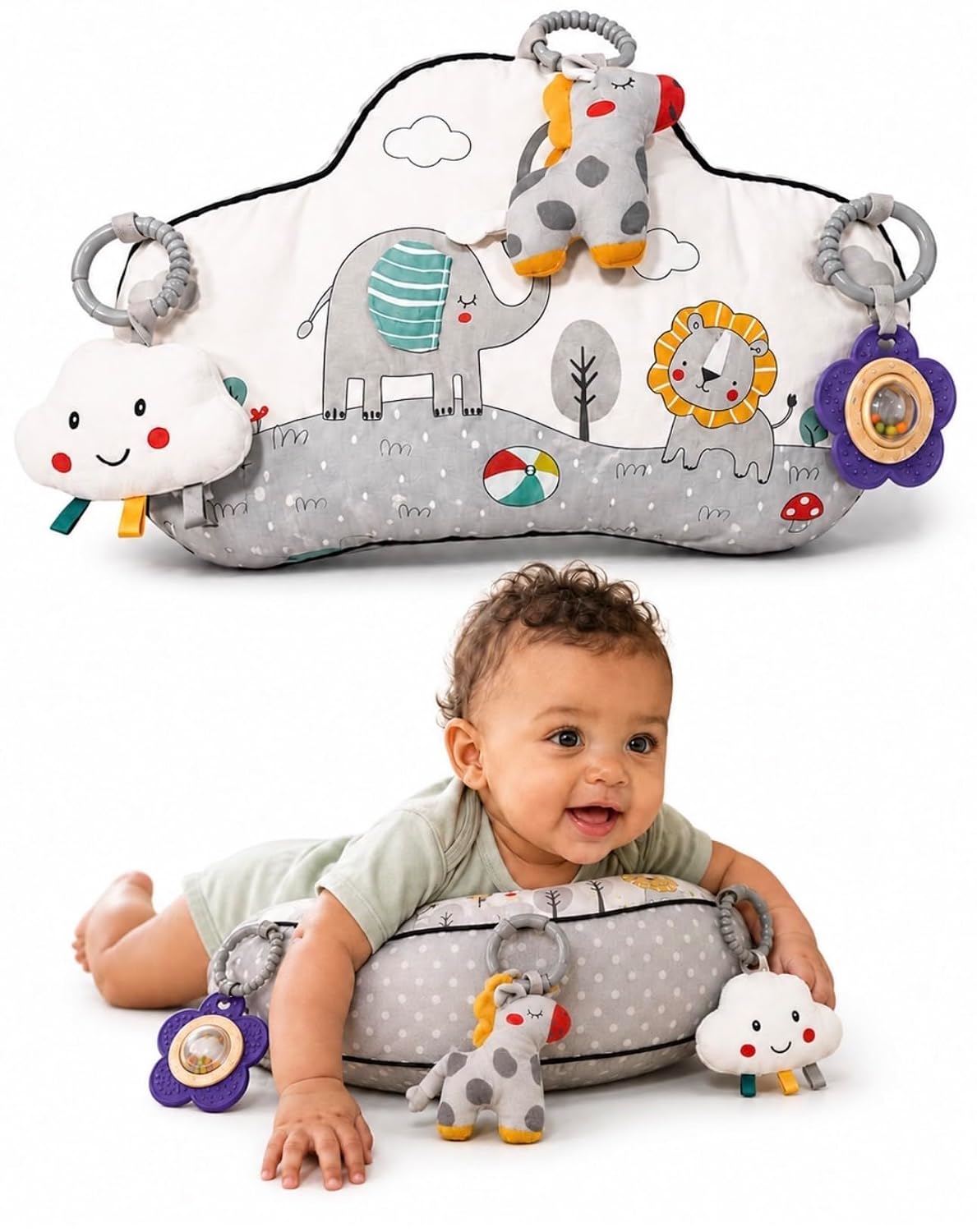 Juguete de actividad para el tiempo boca abajo con 3 juguetes sensoriales desmontables, almohada para bebés de 0 a 9 meses, almohada suave y transpirable con sonajero, juguetes arrugados y mordedores