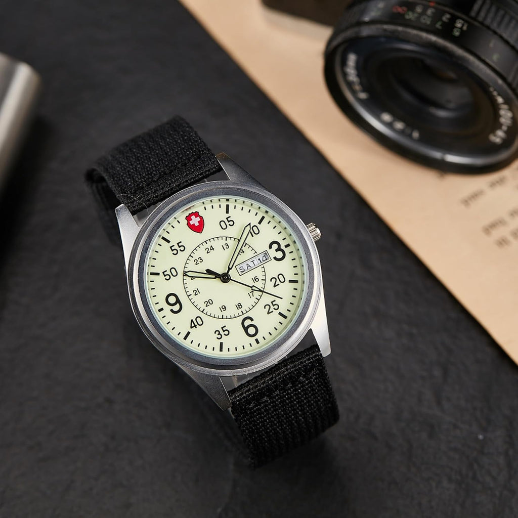 Reloj de cuarzo de campo militar para hombre, esfera luminosa, correa de nailon, reloj de pulsera analógico con pantalla de fecha de día, 3ATM impermeable táctico deportivo casual reloj para