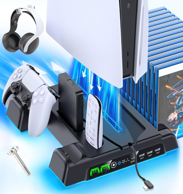 PS5\/Slim\/Pro Stand and Cooling Station with LED Controller Chargi...