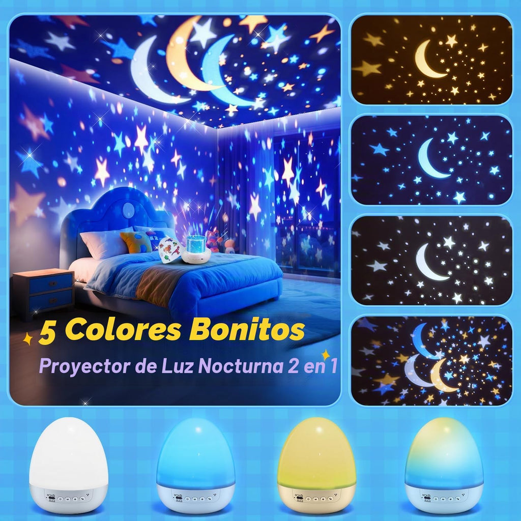 Lámpara Luz de huevo de dinosaurio para máquina de sonido de guardería | 15 sonidos para dormir+películas de 12HD+rotación de 360° | Regalos de dnio para niños, luz nocturna de huevo de dinosaurio de