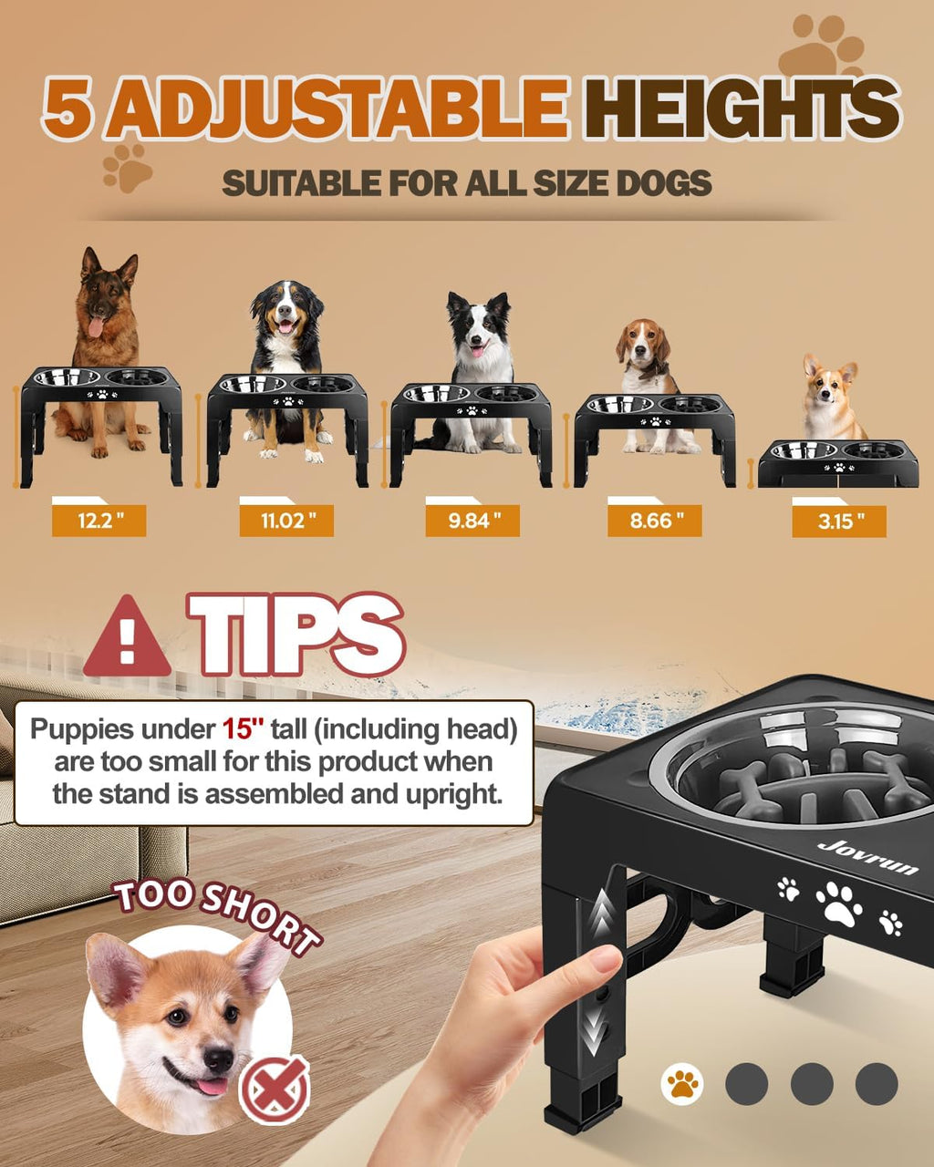 Cuencos elevados para perros medianos y grandes, comedero antideslizante para perros con 1 plato de acero inoxidable y 1 cuenco de alimentación lenta, cuencos elevados ajustables de 5 alturas a 3.15 pulgadas -8.66 pulgadas -9.84 pulgadas -11.02 pulgadas