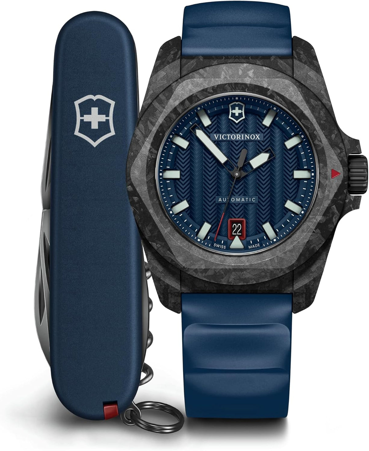 Victorinox I.N.O.X. Juego de reloj automático con correa de goma azul con esfera azul 1.614 in - 242022.1