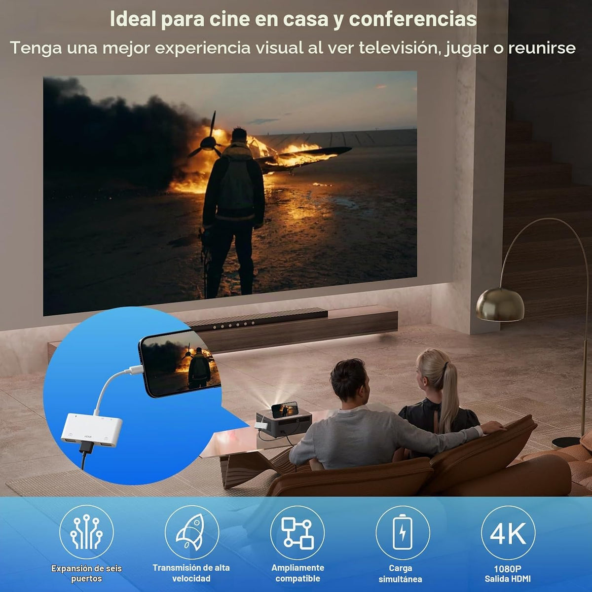 Adaptador de Lightning a HDMI con Puerto de Cámara USB y Carga, Lector de Tarjetas SD