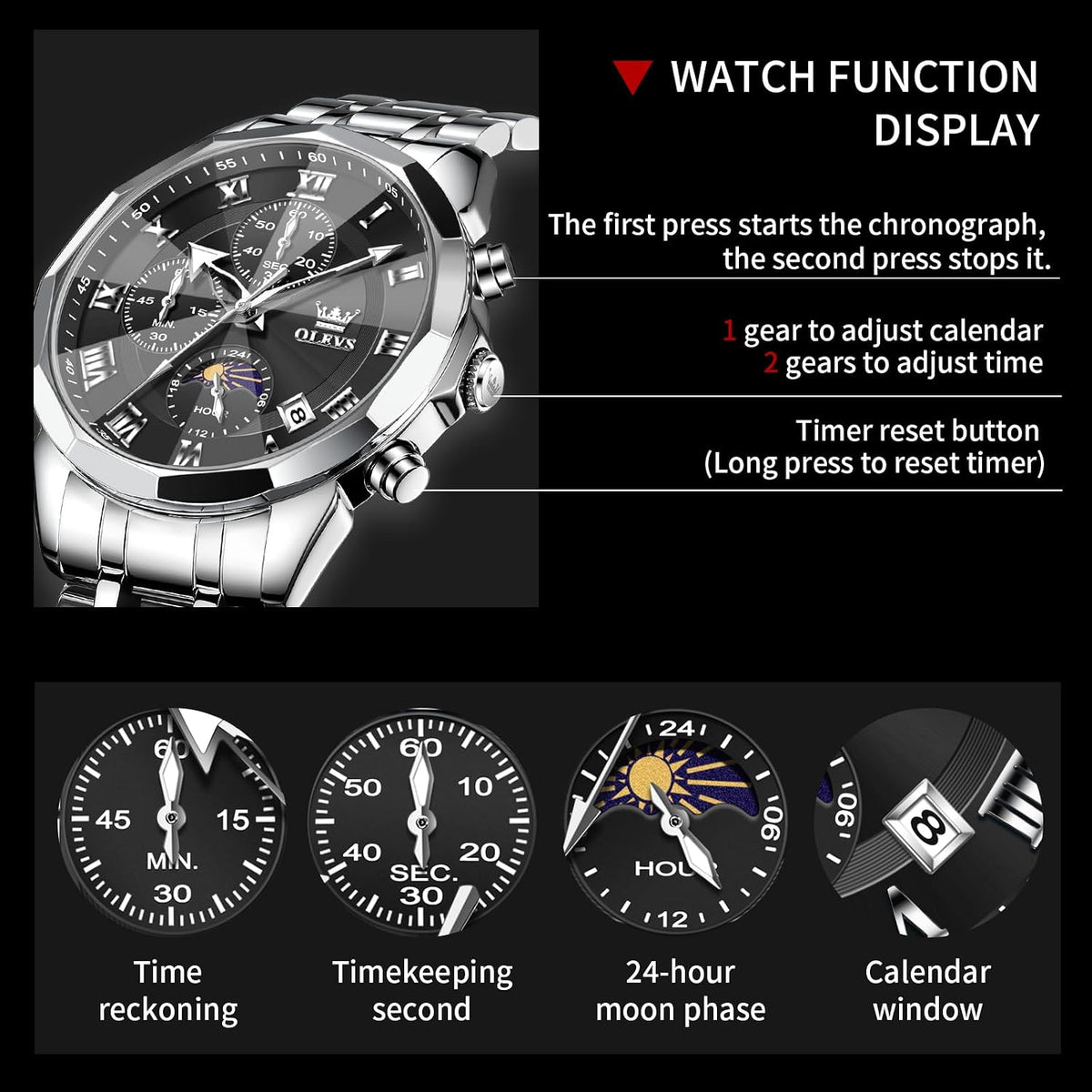 OLEVS Reloj para hombres, cuarzo, acero inoxidable, vestir, impermeable, luminoso