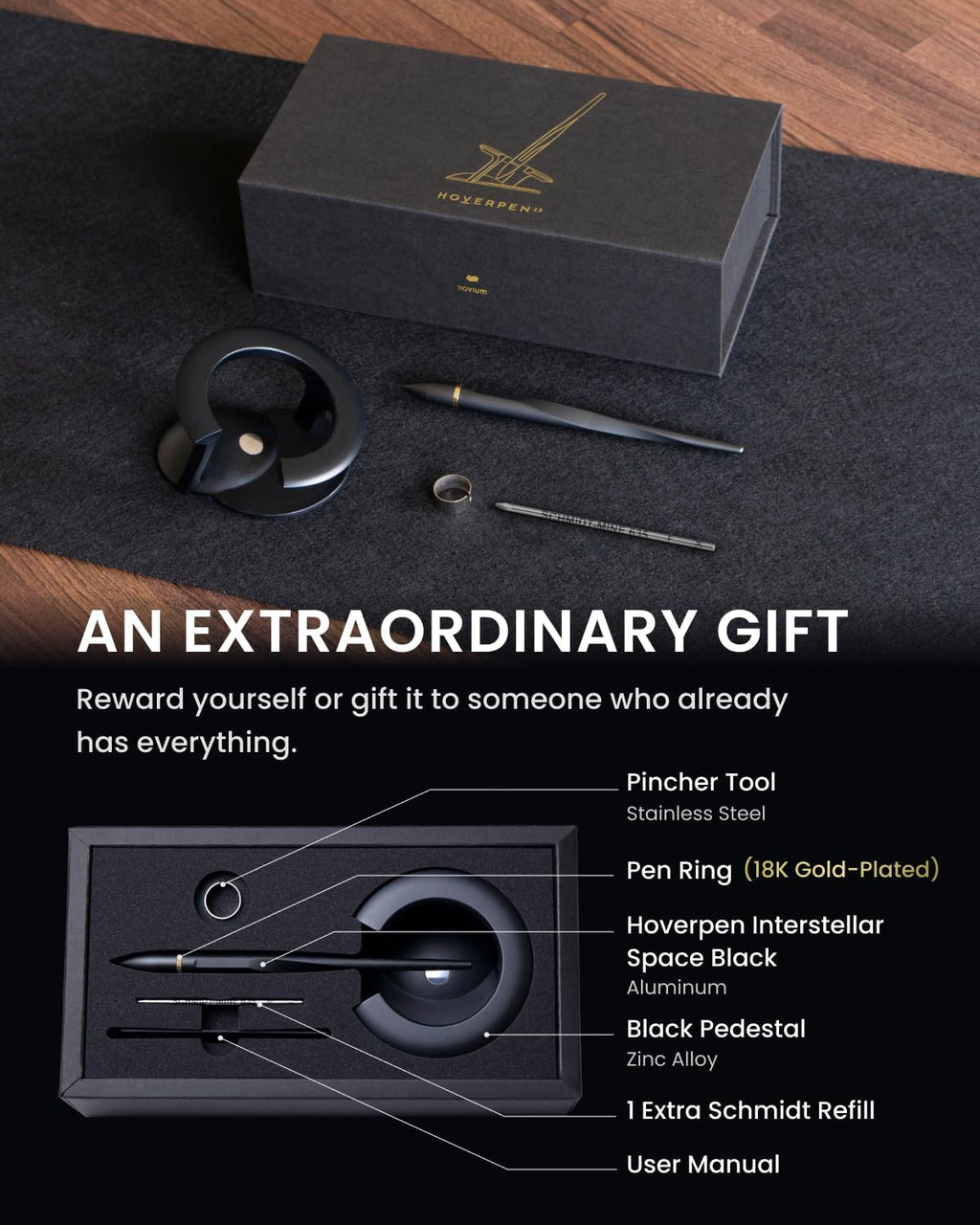 novium Hoverpen Interstellar - Space Black, bolígrafo, anillo de pluma chapado en oro de 18 quilates, ángulo de 23.5 grados, repuesto de bolígrafo Schmidt, sin derrames, sin manchas, sin explosiones