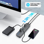 RSHTECH, RSH-ST10C, hub USB 3.2 de 10 puertos, alimentado, adaptador 12V/5A