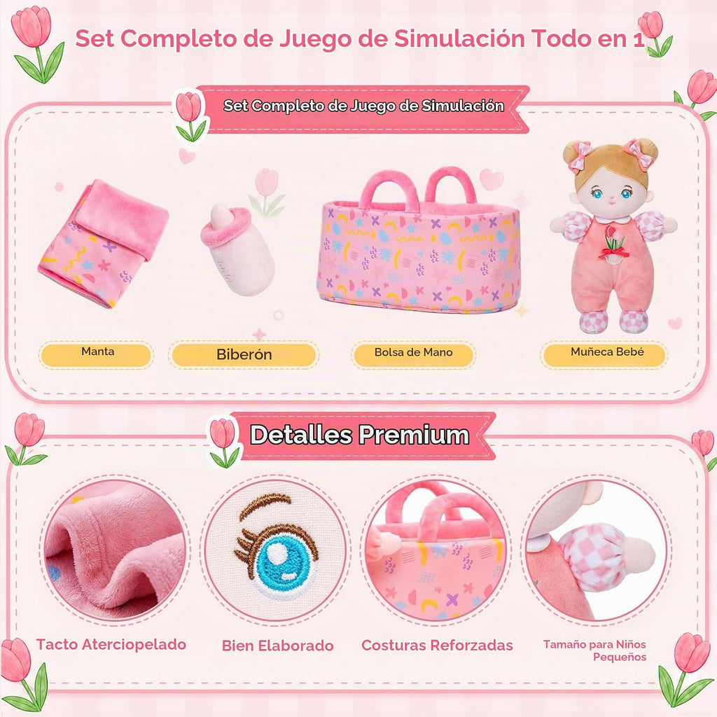OUOZZZ Baby Doll Accessories con Soft Doll, Bassinet, Blanket y Bottle