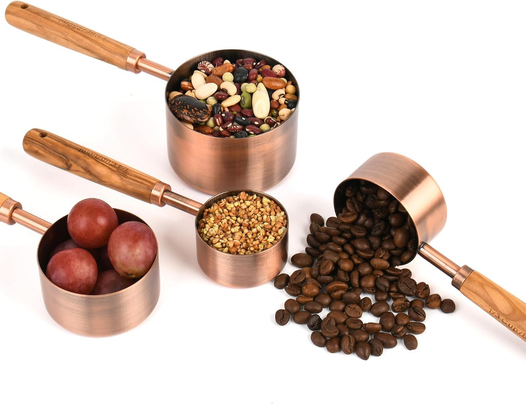 Juego de 8 tazas y cucharas medidoras de cobre con mango de madera de calidad, taza y cuchara medidora de acero inoxidable con equivalentes de medida para cocina y hornear, con 1/4, 1/3, 1