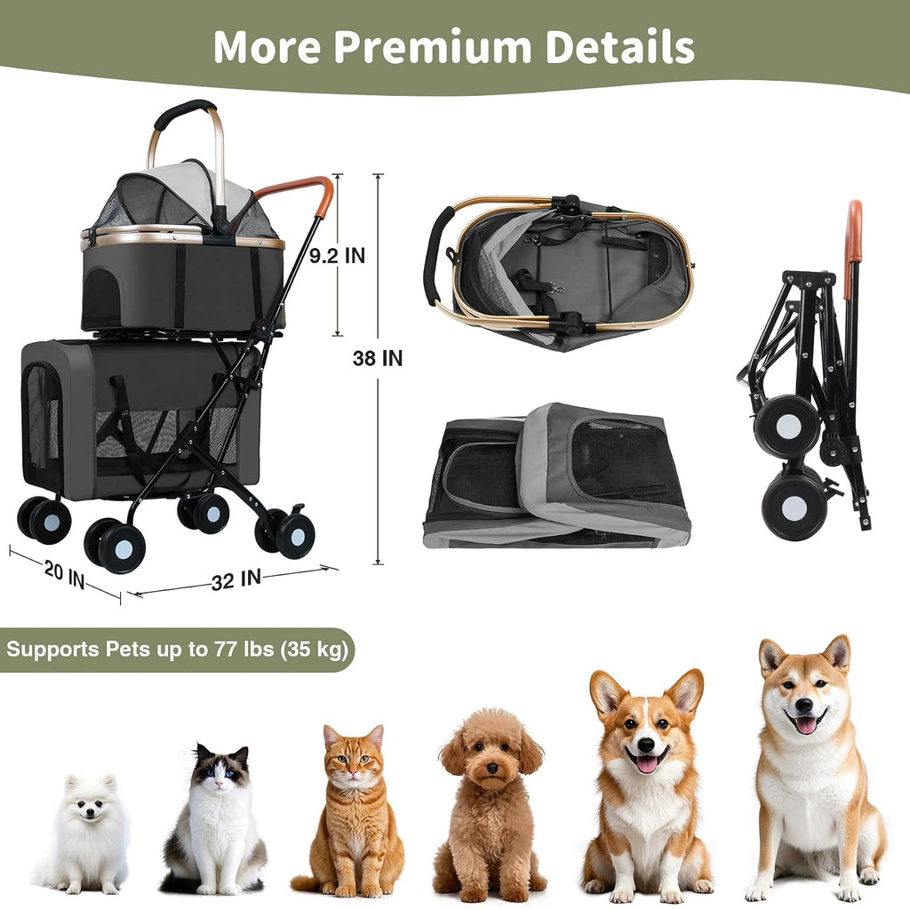 Doble carriola para mascotas para perros y gatos: Carriola plegable de viaje con portamascotas desmontables, cinturones de seguridad y 4 ruedas con candado para mascotas pequeñas a medianas – Ideal